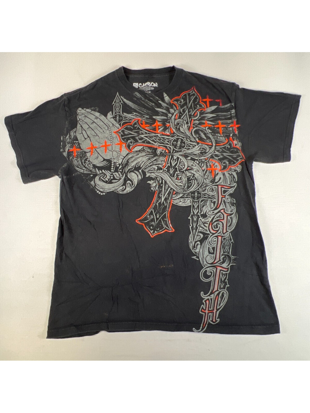 Carbon Men's L Black Praying Hands Cross Graphic T-Shirt Tee